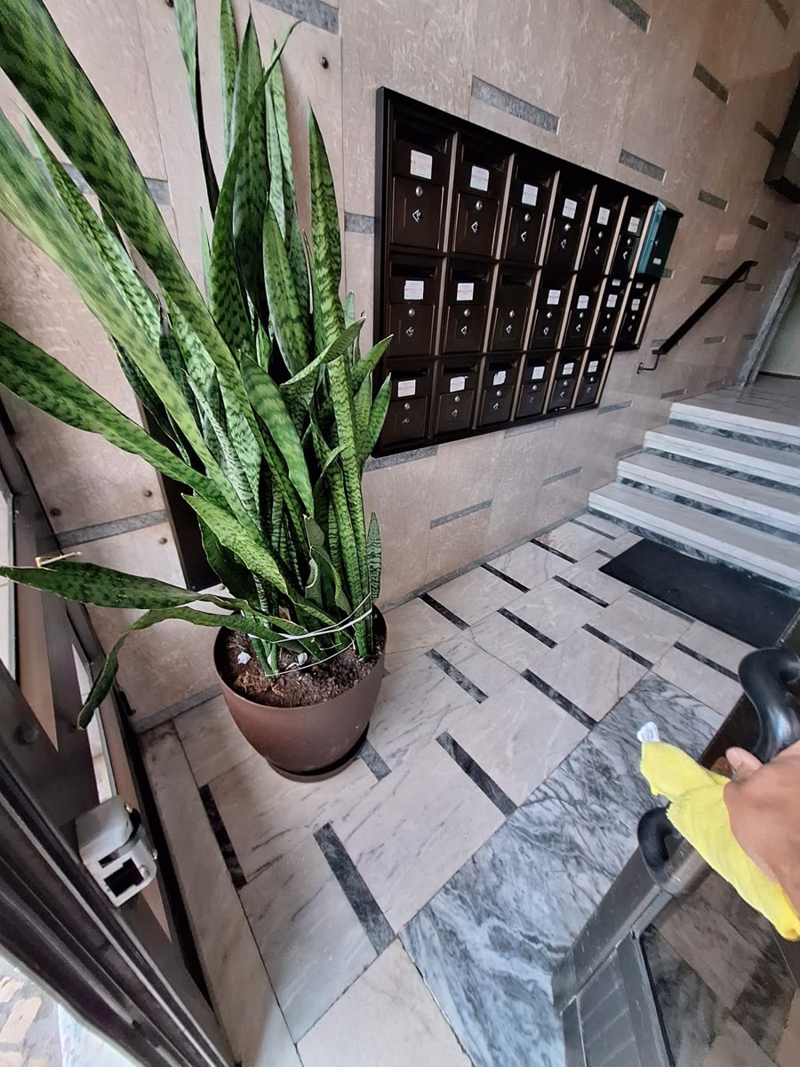 Hall de condomínio com caixas de correio e pavimento limpo